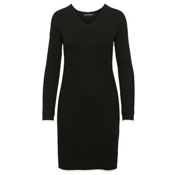 Banana Republic Cashmere Merino Wool Sweater Dress Black V-Neck White Trim XS‎ - Picture 2 of 14